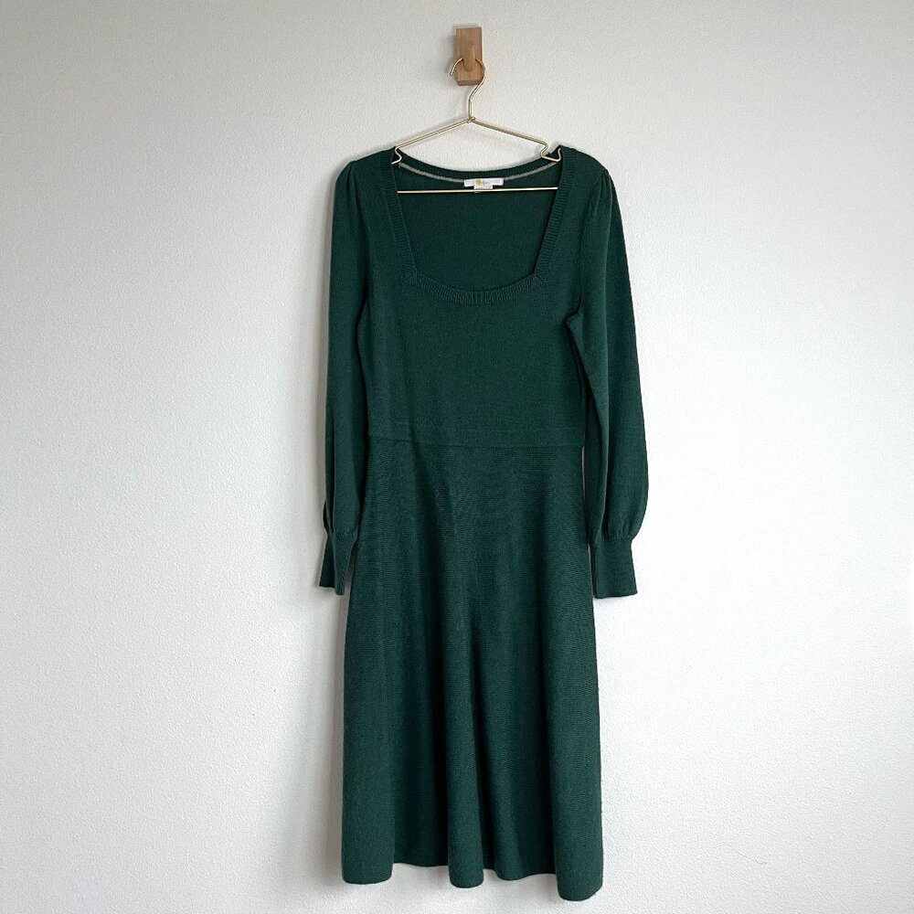Boden Square Neck Knitted Wool Alpaca Midi Dress in Forest Green - Size 8